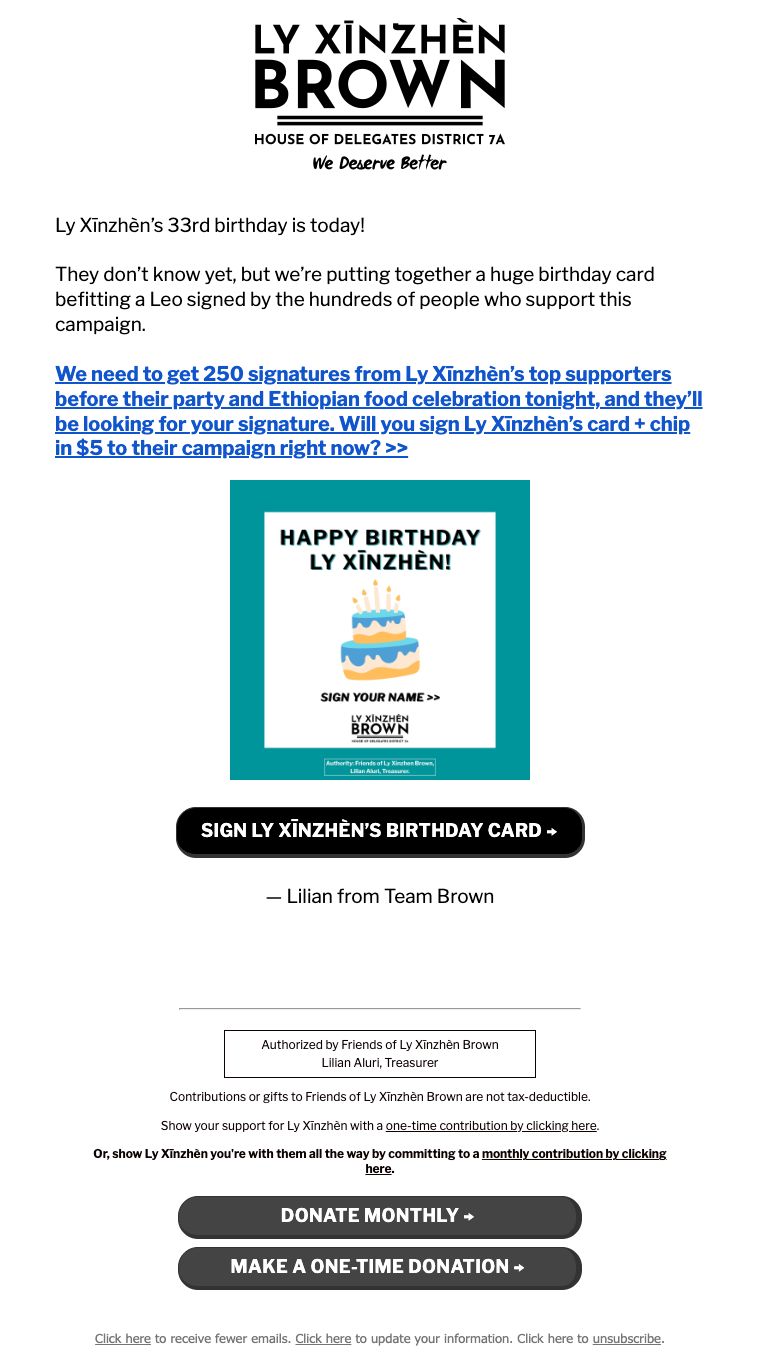 Preview of a Ly Xīnzhèn Brown birthday card fundraising email