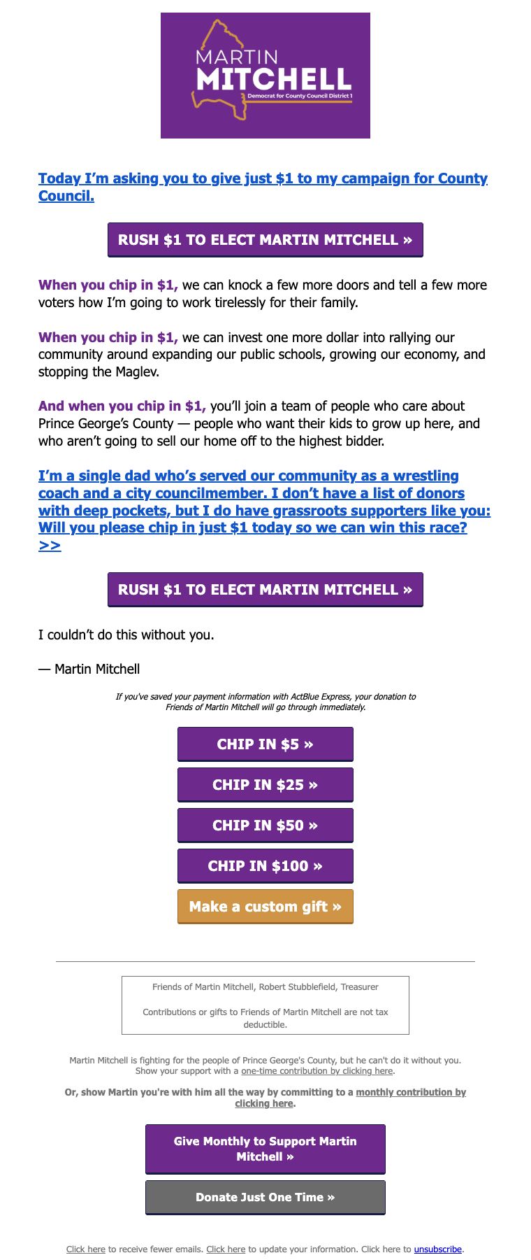 Preview of a Martin Mitchell fundraising email centered on a one-dollar contribution ask