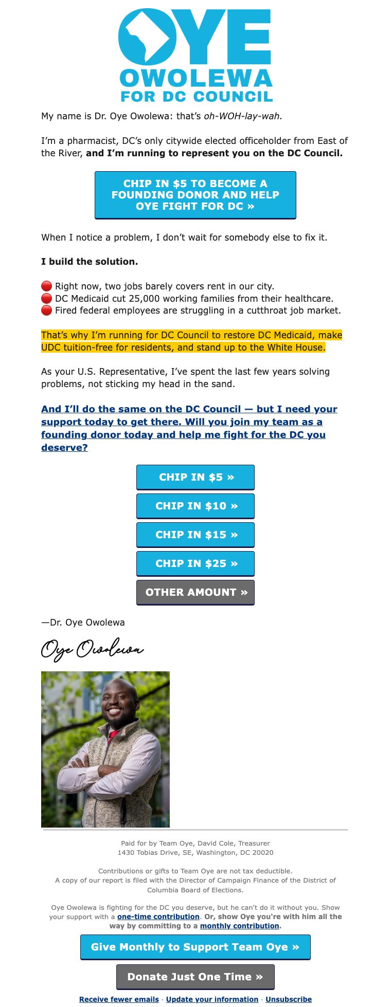 Preview of an Oye Owolewa fundraising email introducing his campaign and asking readers to become founding donors
