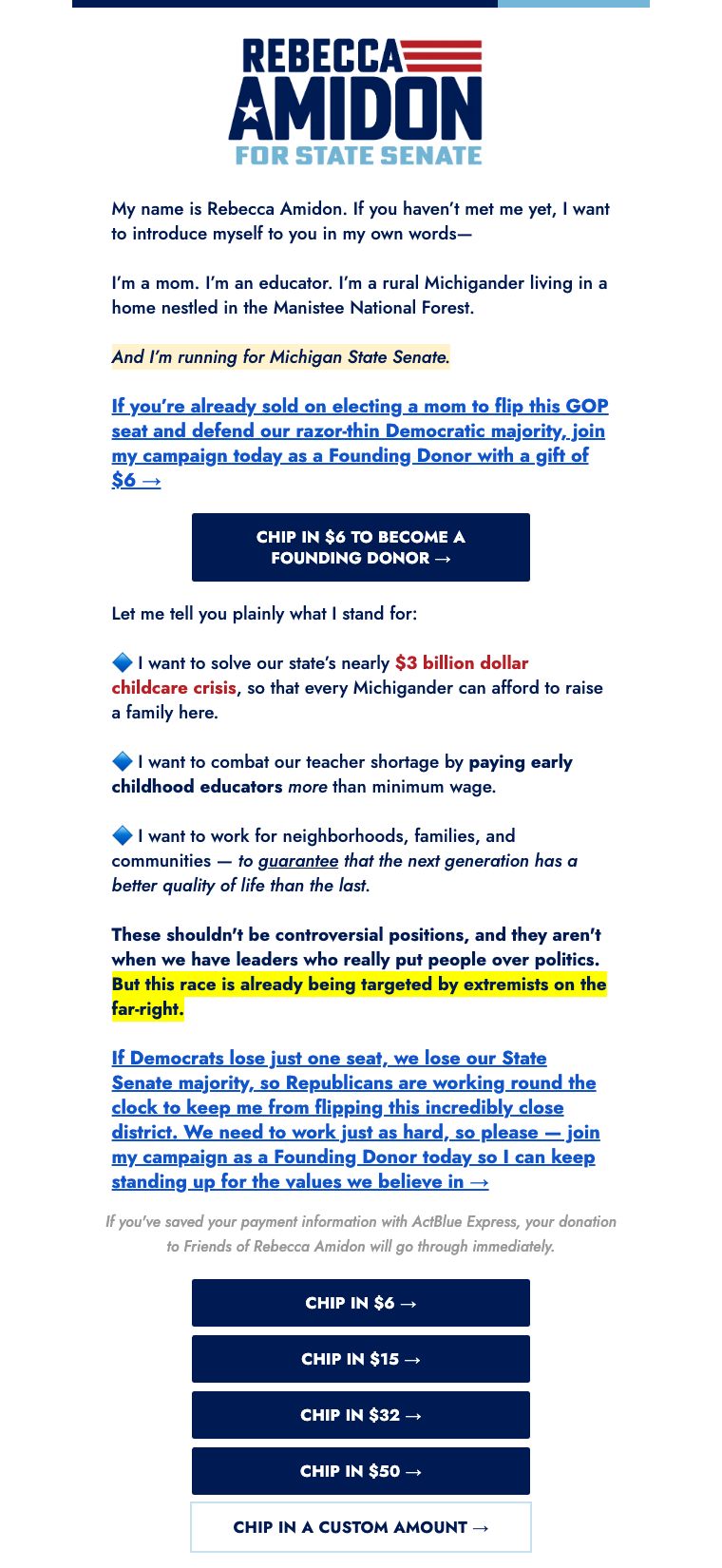 Opening of Rebecca Amidon's rendered fundraising email, including her campaign logo, introduction, and founding donor ask