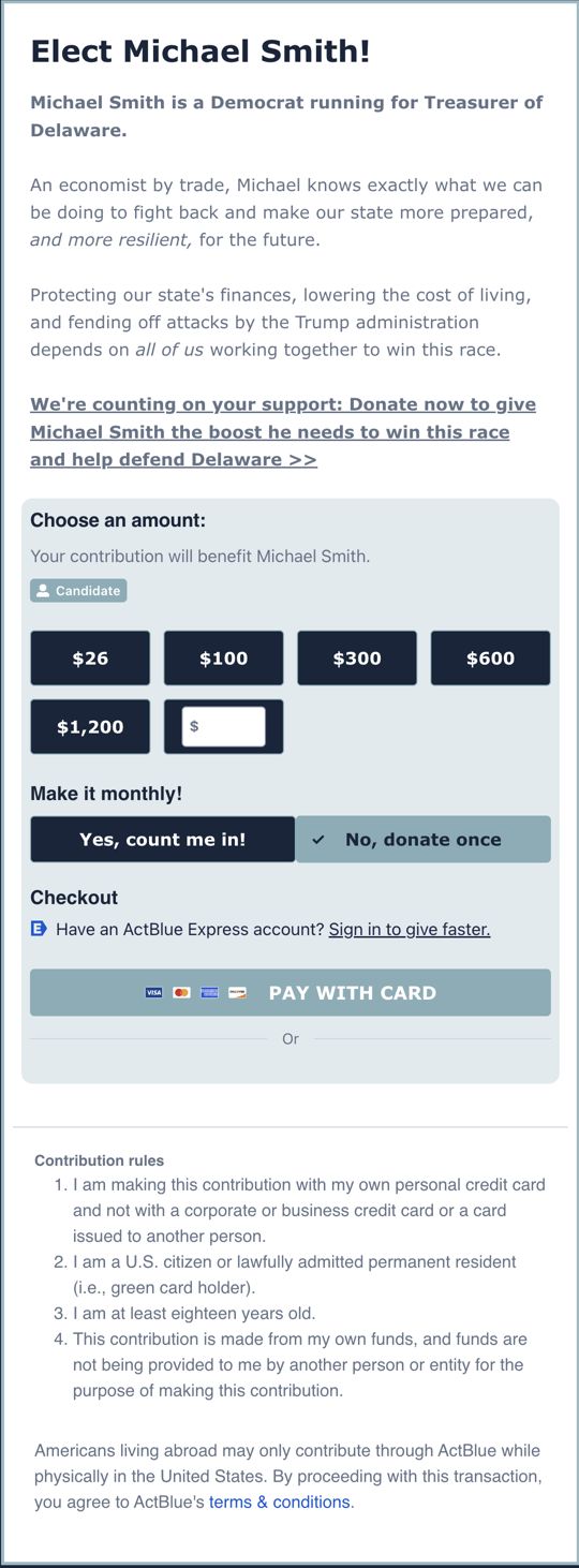 Michael Smith contribution page with candidate portrait, campaign branding, and donation controls