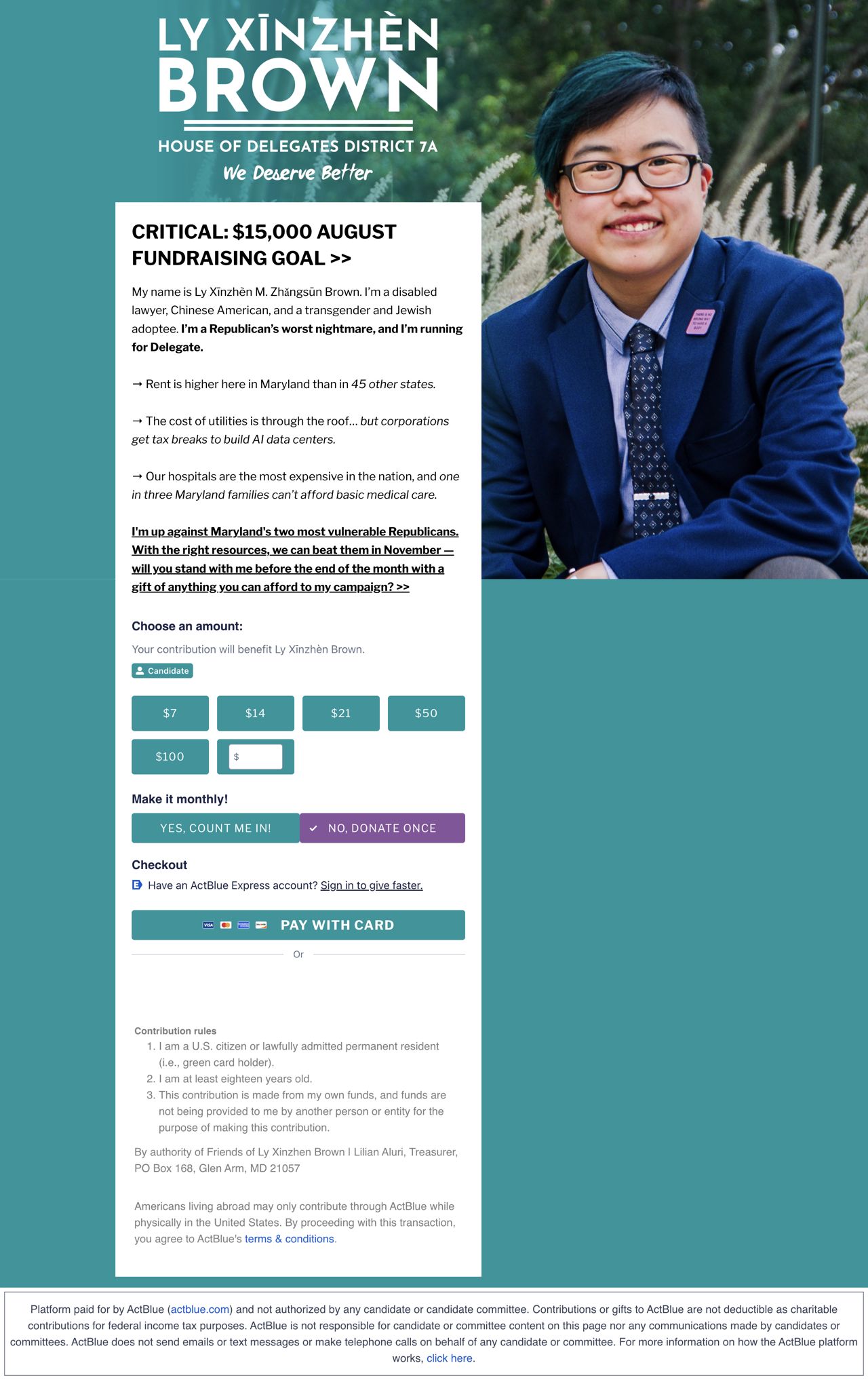 Ly Xīnzhèn Brown contribution page with campaign portrait, fundraising goal, and donation controls