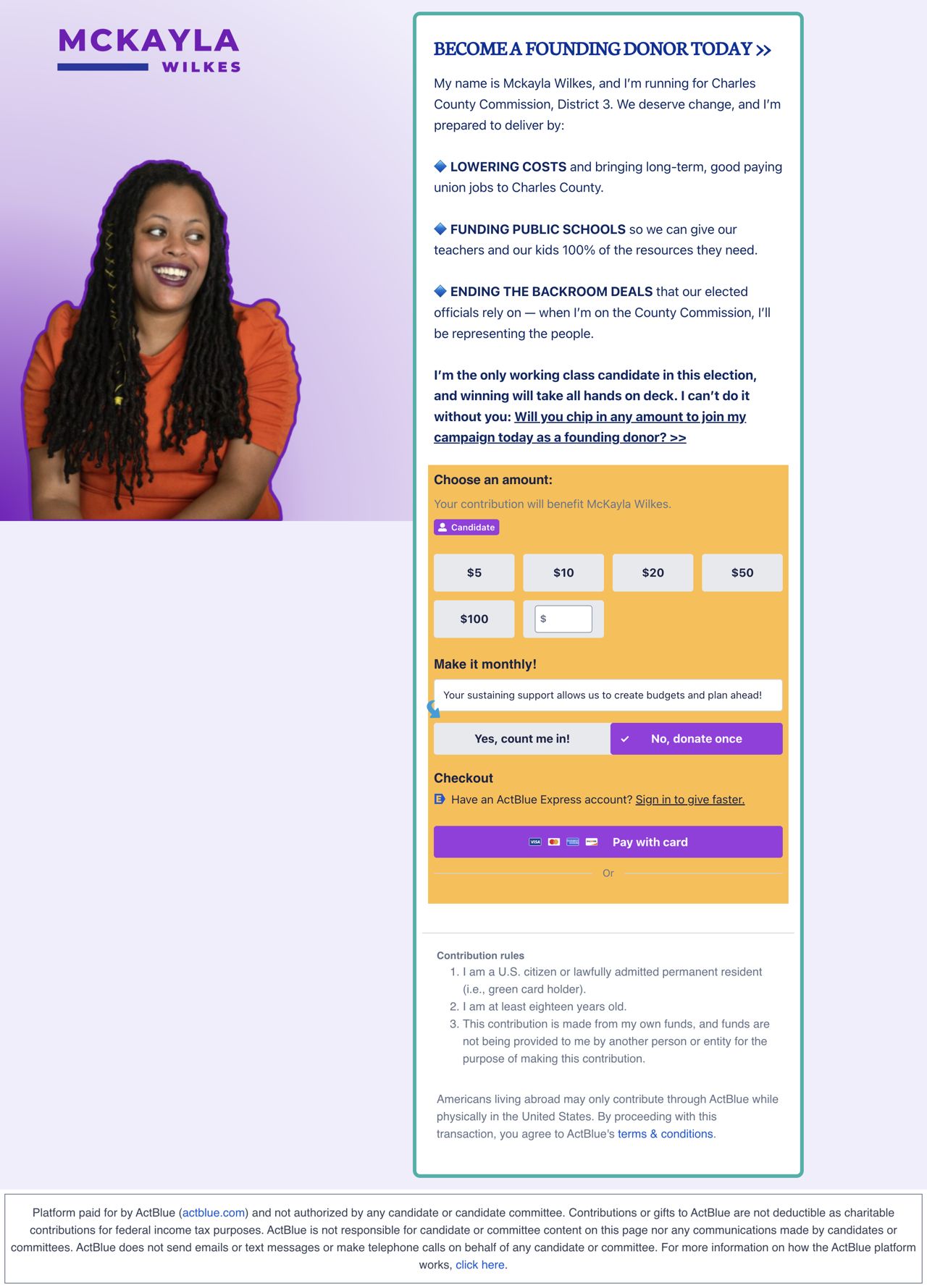 McKayla Wilkes contribution page with candidate portrait, wordmark, and donation amount controls