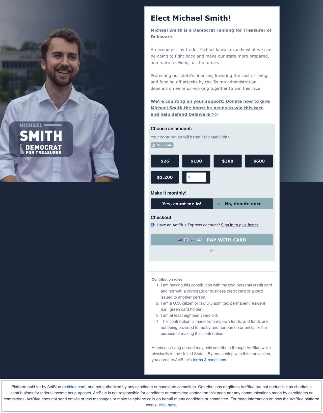Michael Smith contribution page with candidate portrait, campaign branding, and donation controls
