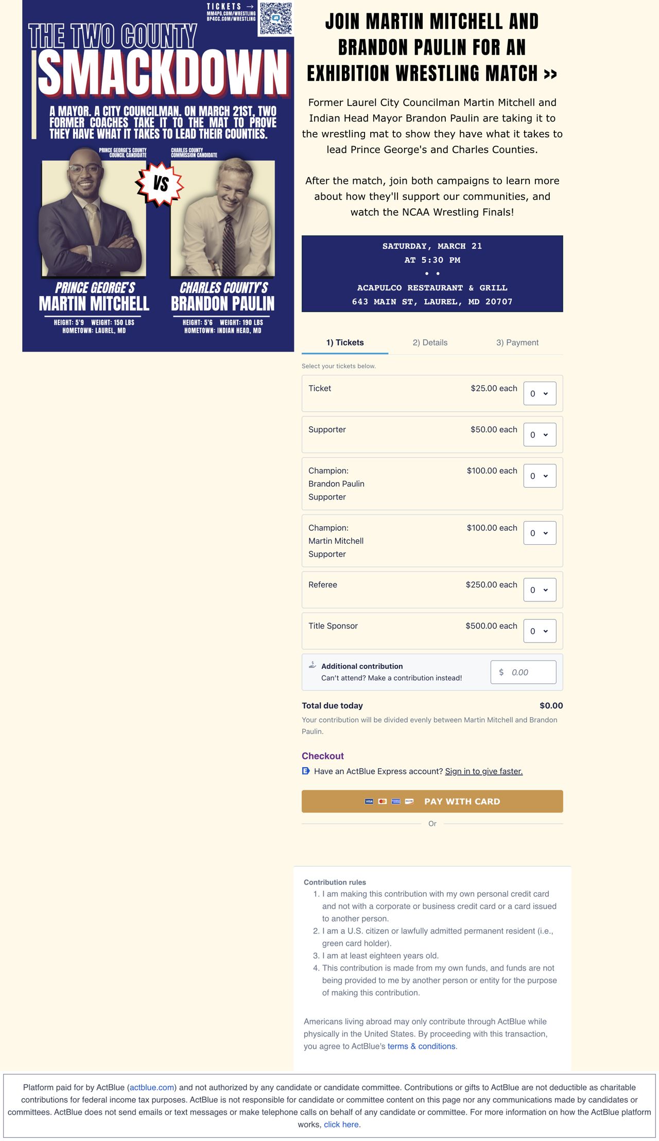 Campaign wrestling exhibition event page with poster artwork and ticketing controls