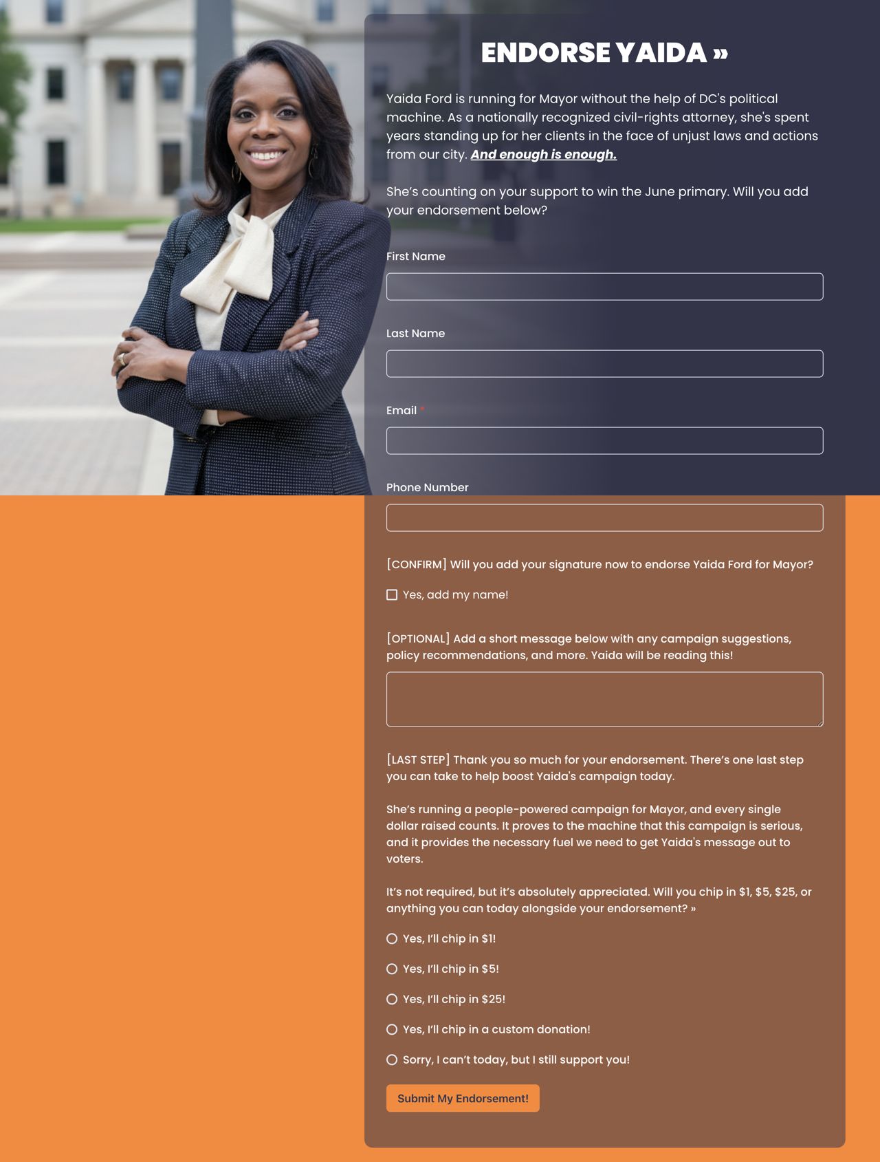 Yaida Ford endorsement form with courthouse portrait and dark glass form panel