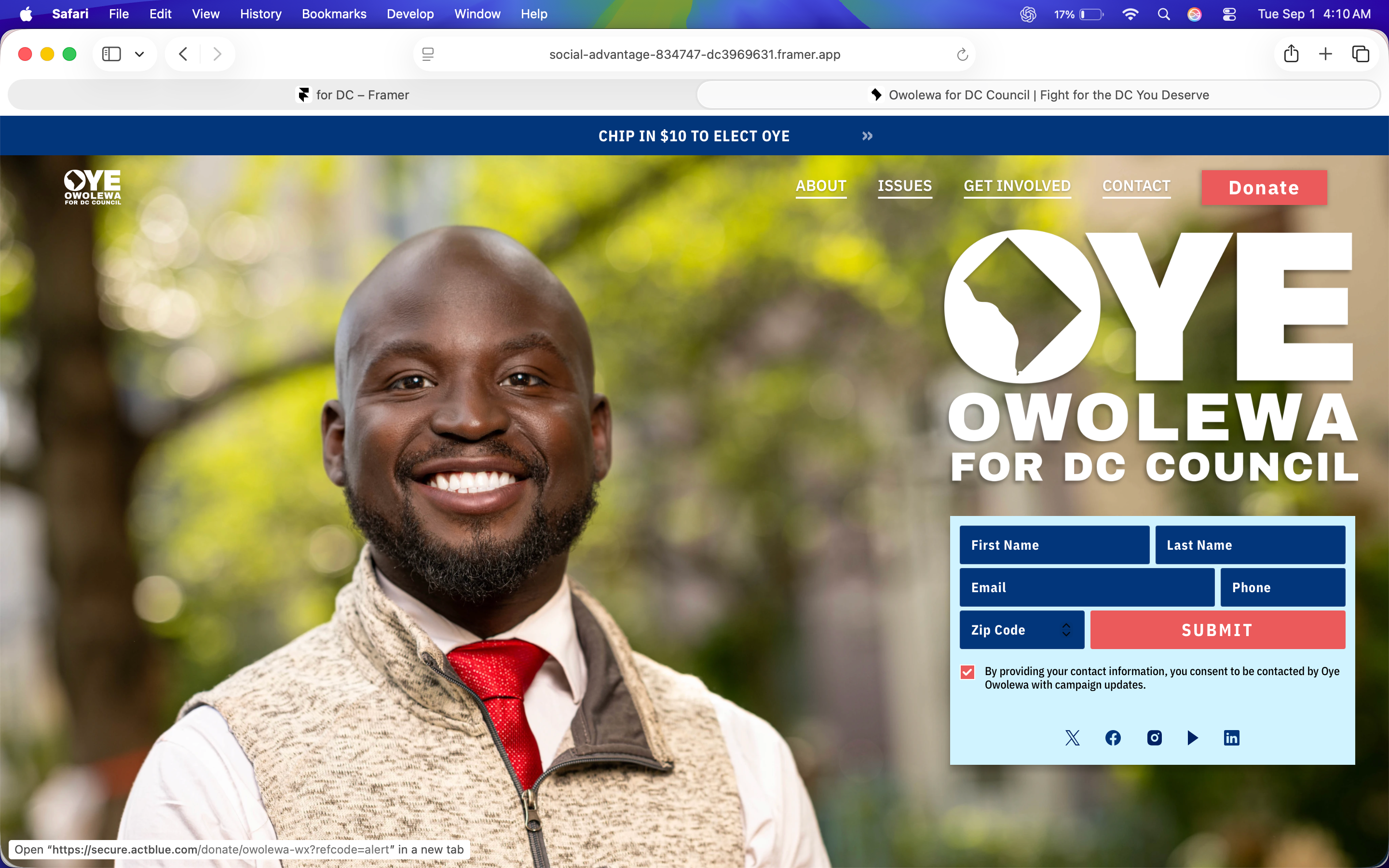 Oye Owolewa campaign website with candidate portrait, campaign branding, signup form, and donation call to action