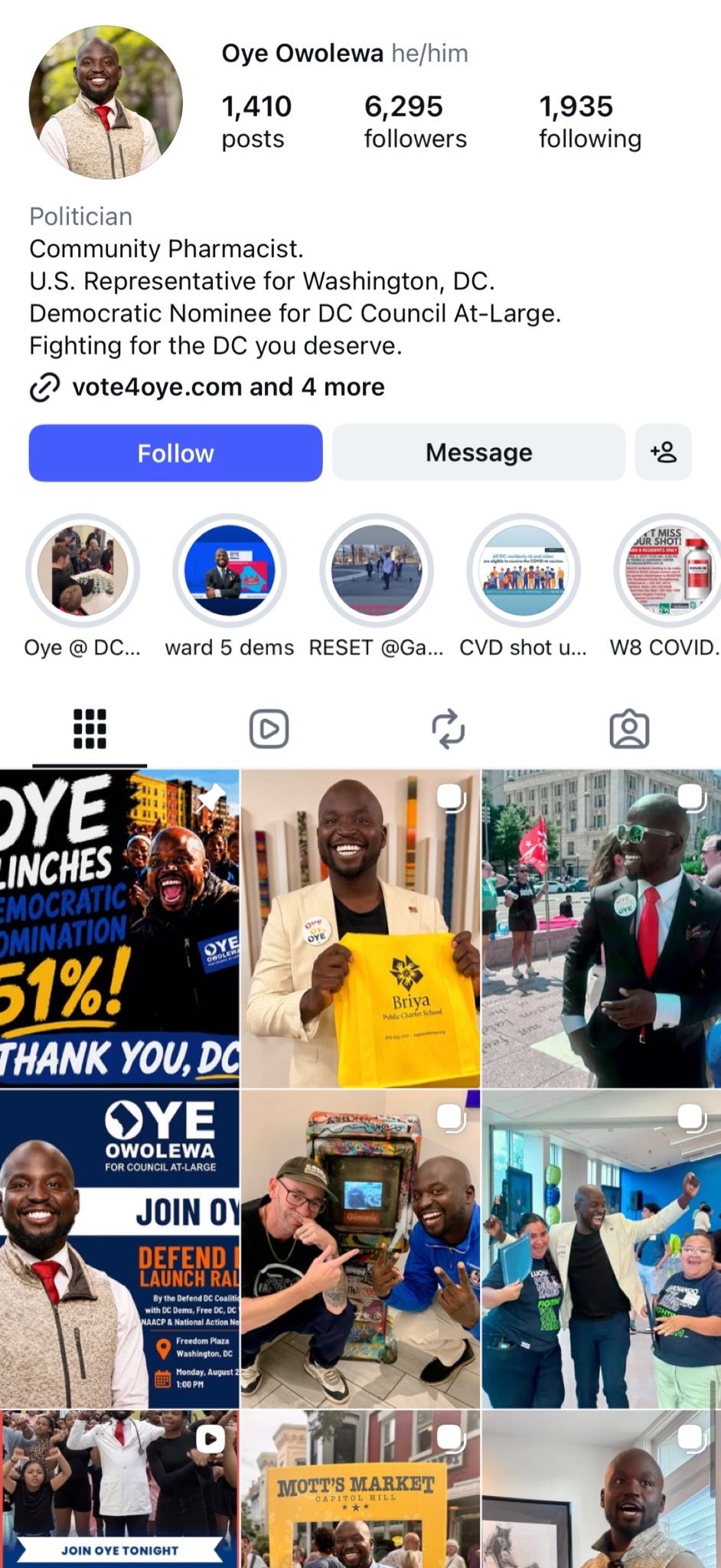 Oye Owolewa campaign social media profile shown in a phone mockup