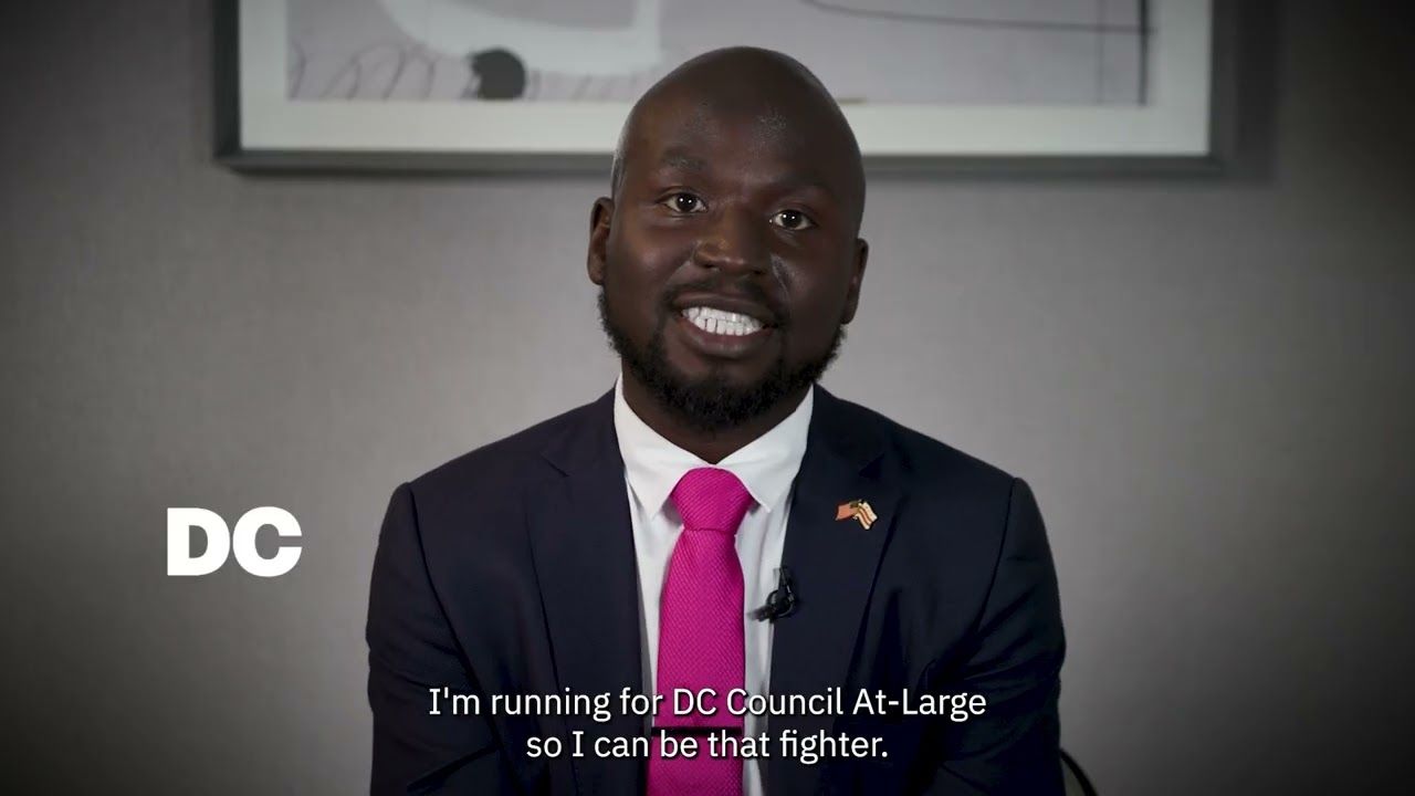 YouTube video still of Oye Owolewa speaking on camera about running for DC Council At-Large
